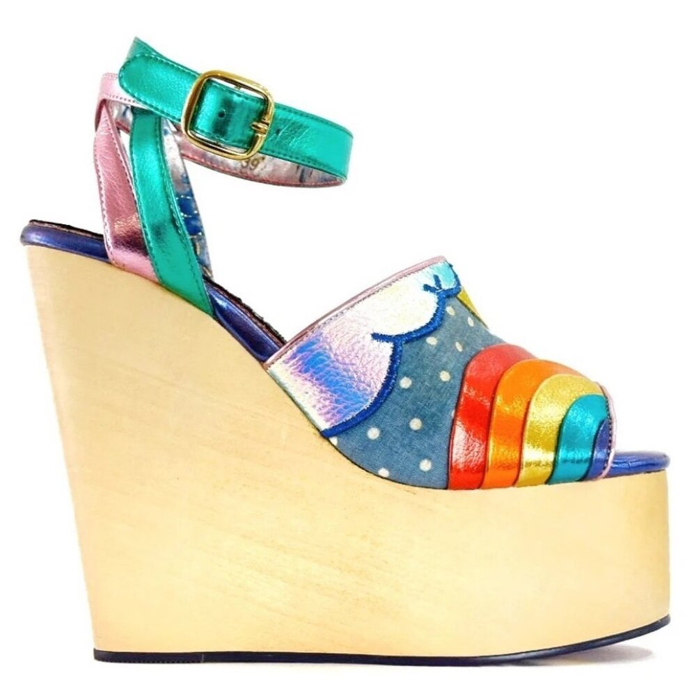 IRREGULAR CHOICE Funshine Retro 70s Rainbow Platform Wedge Sandals Heels Novelty